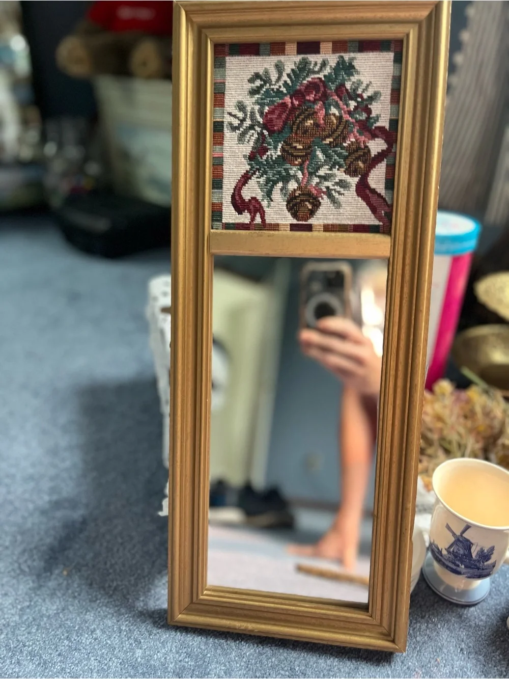 Gold Framed Wall Mirror with Floral Needlepoint Tapestry Accent